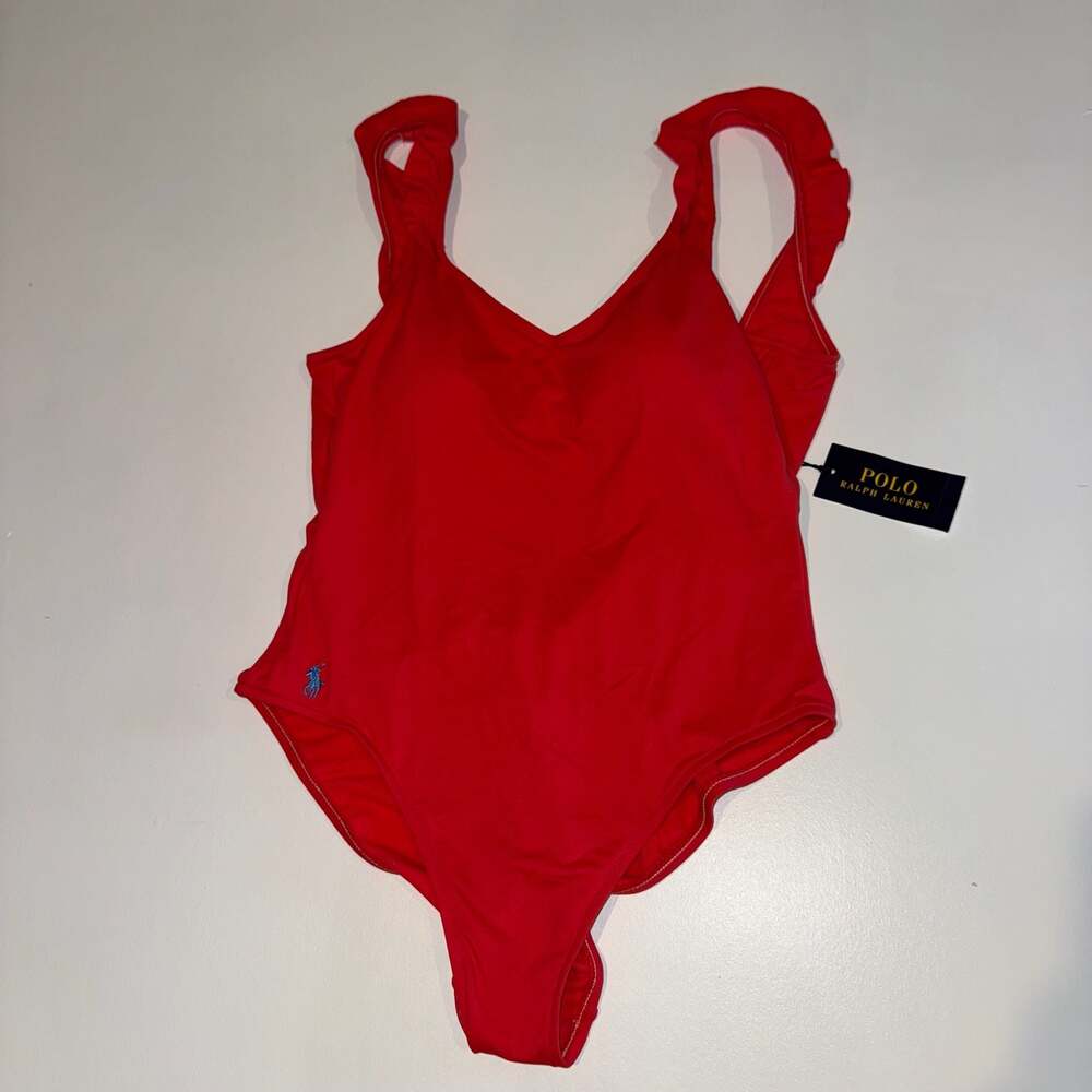 Polo Ralph Lauren Women's Medium Red Ruffle-Strap One-Piece Swimsuit NWT